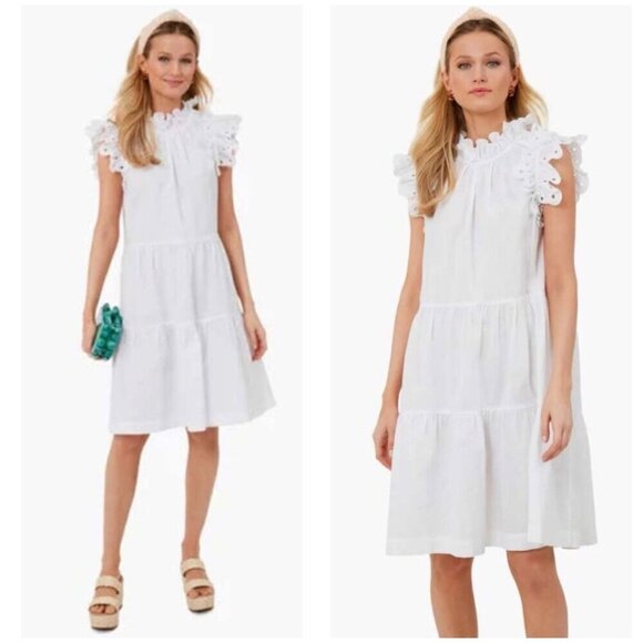 SEA New York Lee Linen Cotton Flutter Sleeve Tiered Tunic Eyelet Dress - Picture 2 of 12